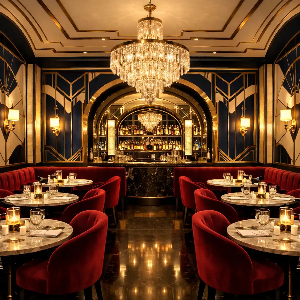 Eleganckie wnętrze Dining Willow House w stylu Art Deco z ciepłym złotym oświetleniem, aksamitnymi fotelami i kryształowym żyrandolem