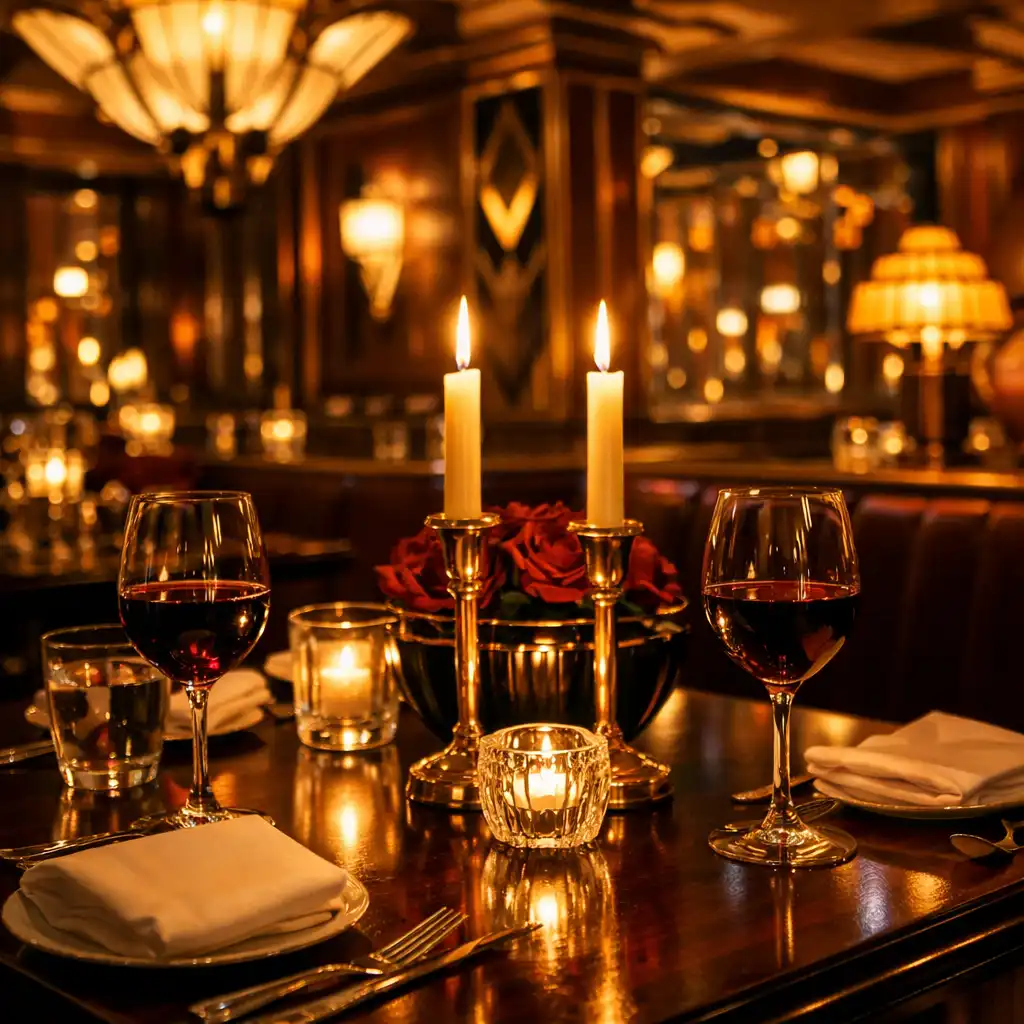 Nastrojowy wieczór w Dining Willow House – stół z zapalonymi świecami i kieliszkami wina