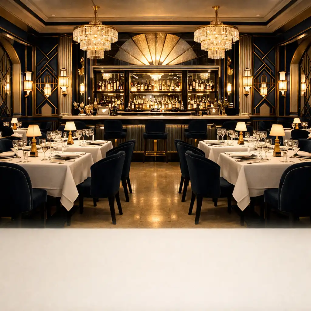 Eleganckie wnętrze restauracji Art Deco z nakrytymi stolikami i kryształowymi kieliszkami