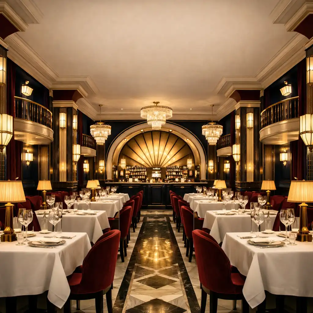 Eleganckie wnętrze Dining Willow House w stylu Art Deco z marmurową posadzką i złotymi detalami