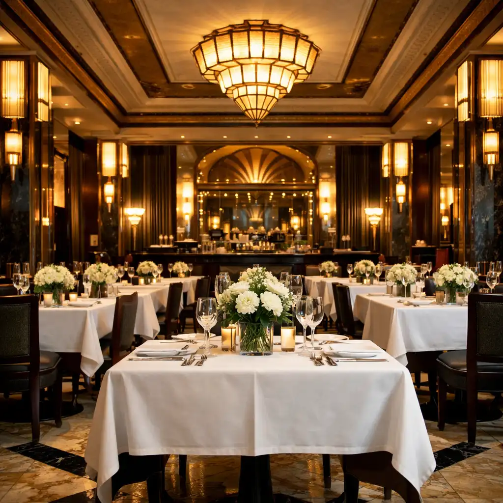 Główna sala restauracji Dining Willow House z wysokimi sufitami i symetrycznie ustawionymi stołami