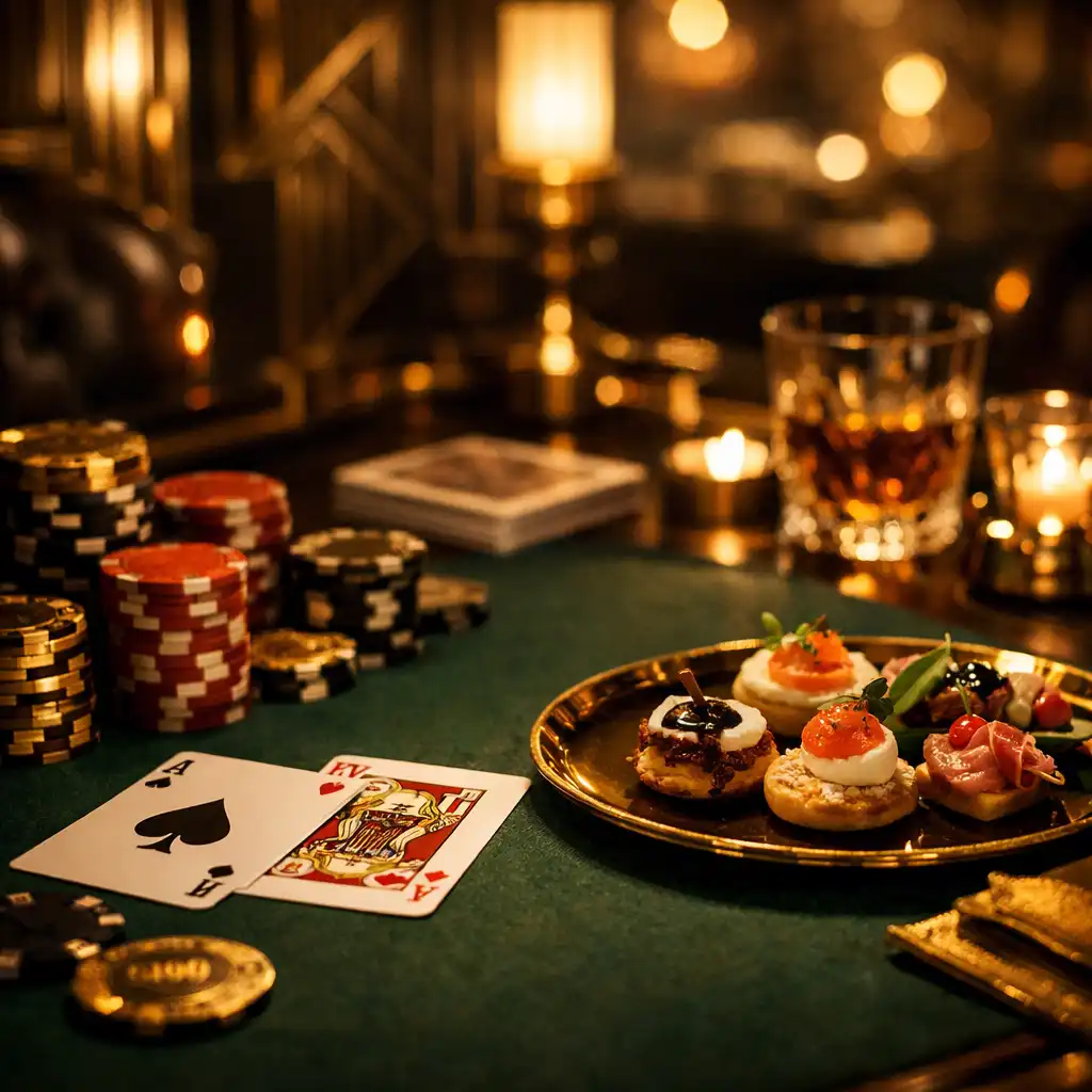 Stół pokerowy z kartami, żetonami i eleganckimi przekąskami w Art Deco wnętrzu