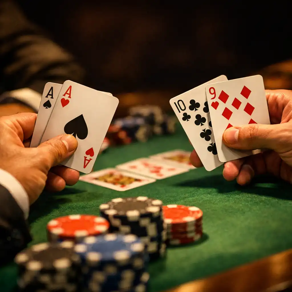 Zbliżenie na dłonie graczy trzymających karty przy stole pokerowym