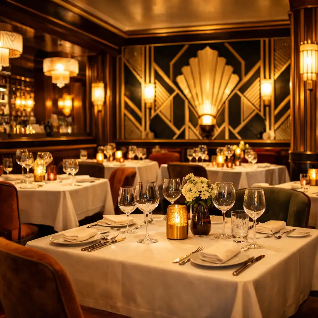 Eleganckie wnętrze restauracji Dining Willow House w stylu Art Deco z ciepłym oświetleniem i nakrytymi stołami