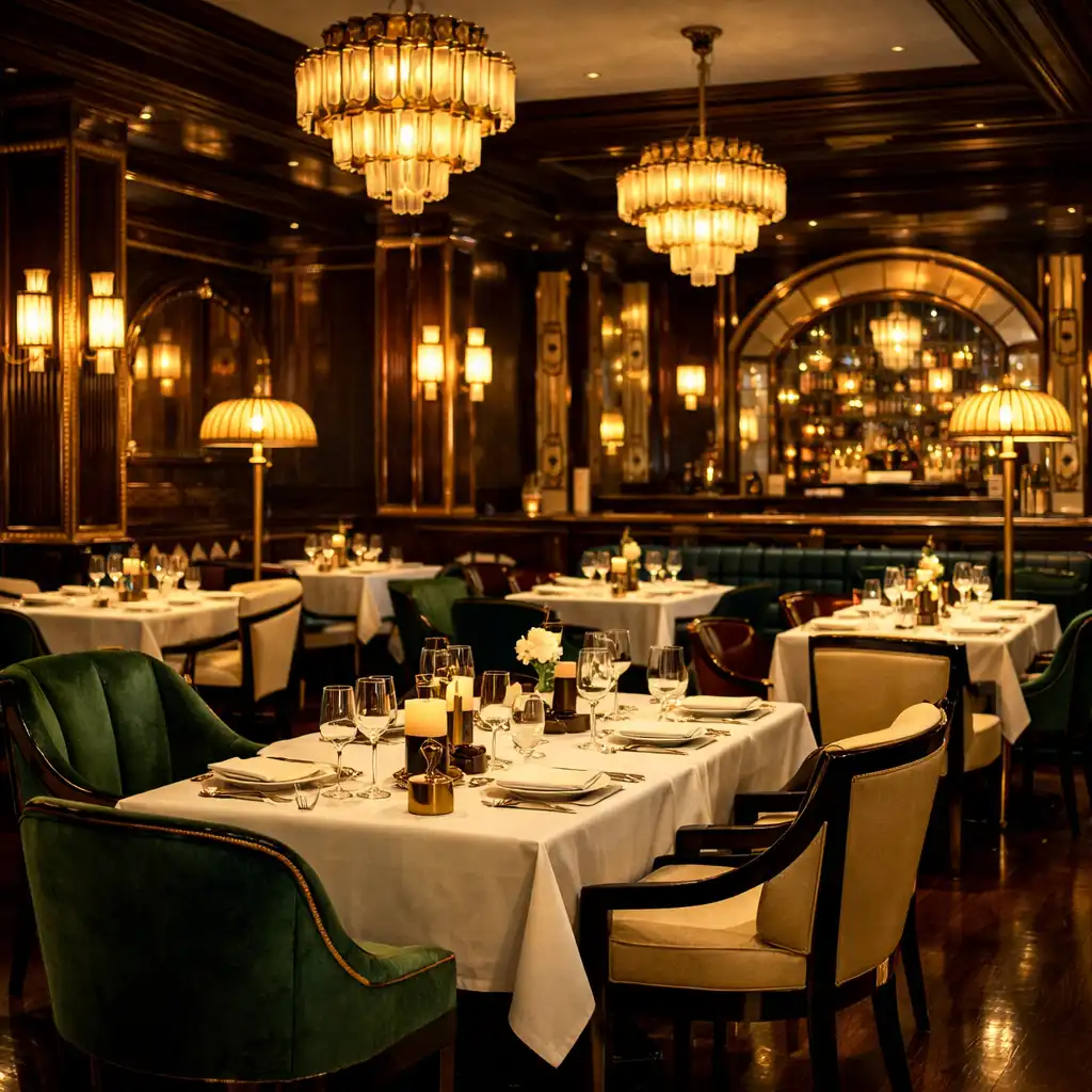 Widok na część restauracji z eleganckimi stołami i krzesłami w stylu Art Deco