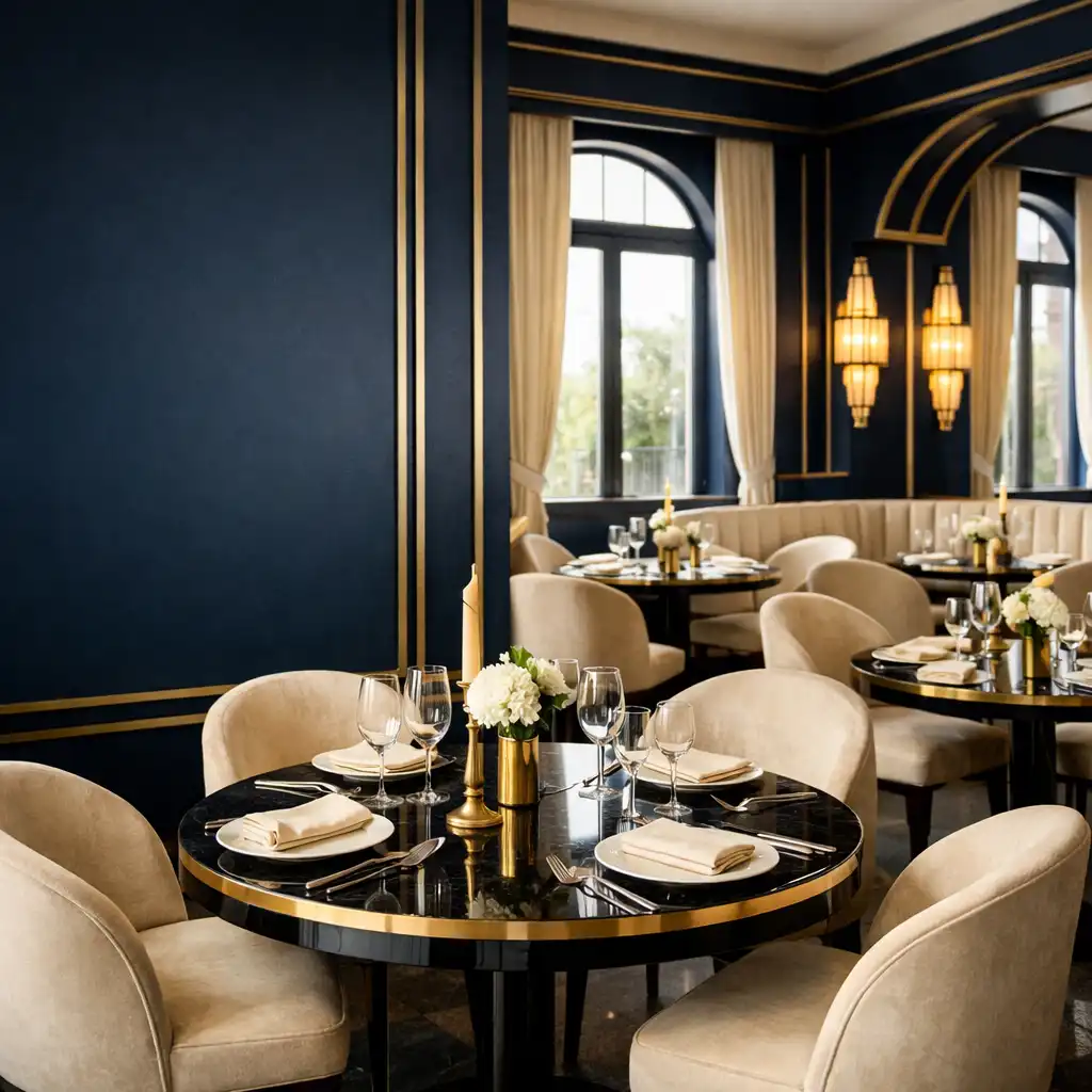 Wnętrze restauracji Dining Willow House z okrągłymi stolikami i złotymi akcentami